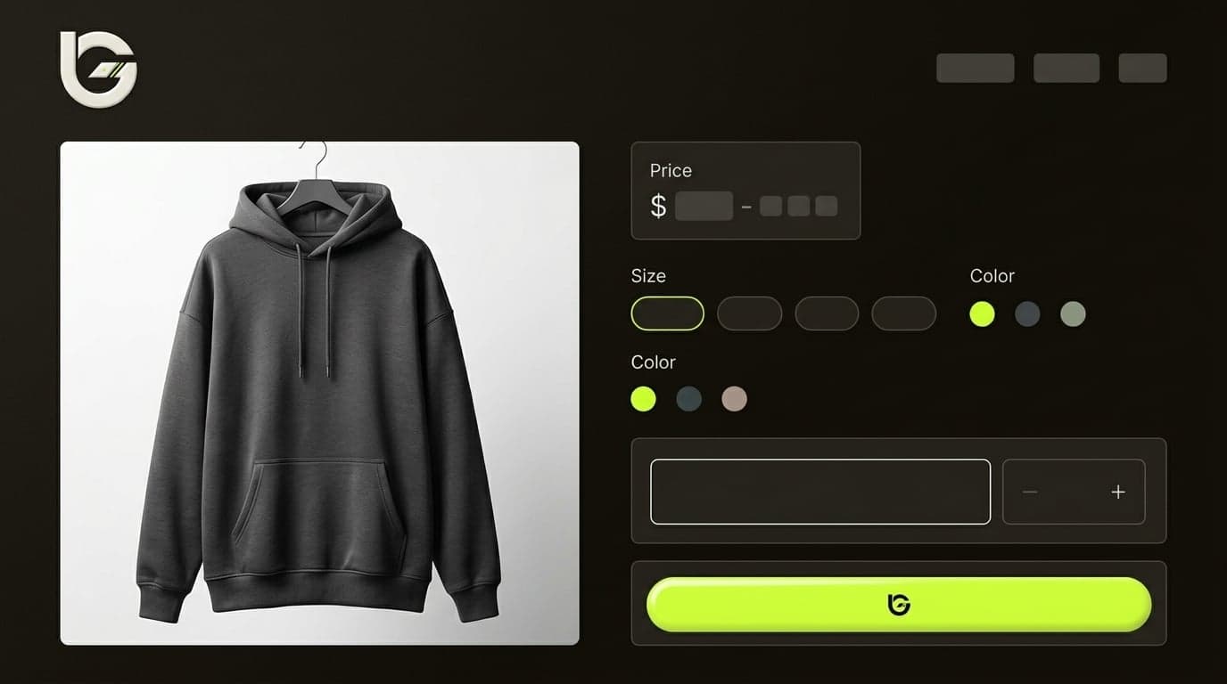 GLOSS product template: product image on the left, then price, size pills, colour swatches, a quantity stepper and a full-width add to cart button